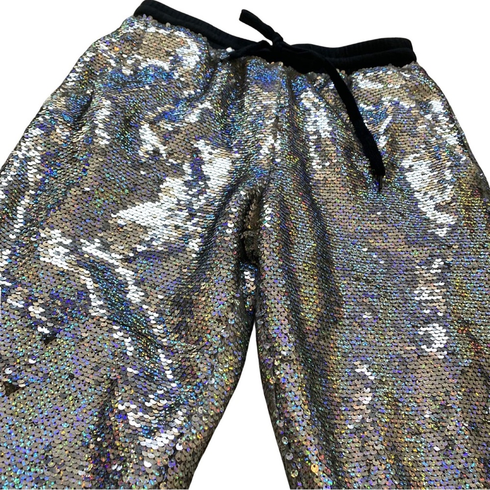 Women Sequin Holographic Sweatpant Size XS Rainbow Silver Jogger Pant Festival - Picture 4 of 15